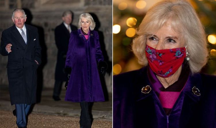 Camilla, Duchess of Cornwall wears festive purple coat by London couture designer