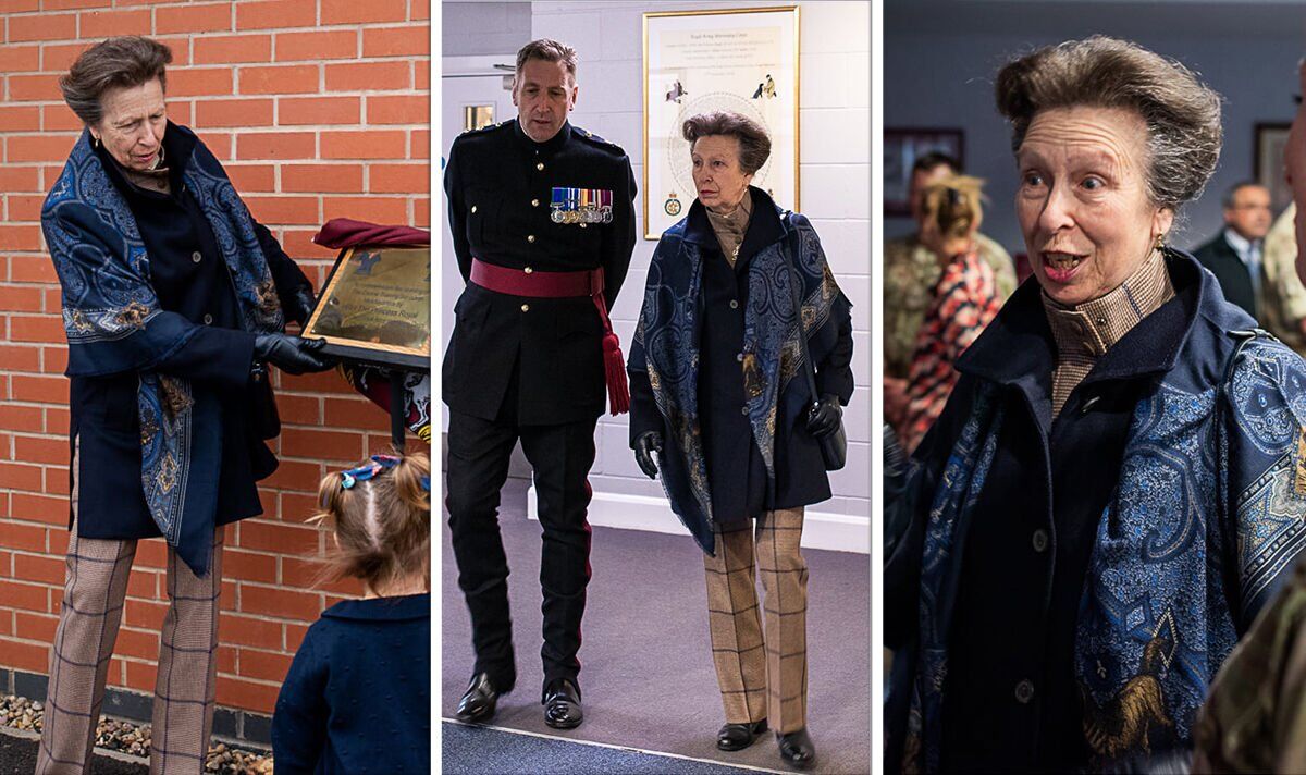 Princess Anne dons patterned trousers & scarf with signature hairstyle for latest outing