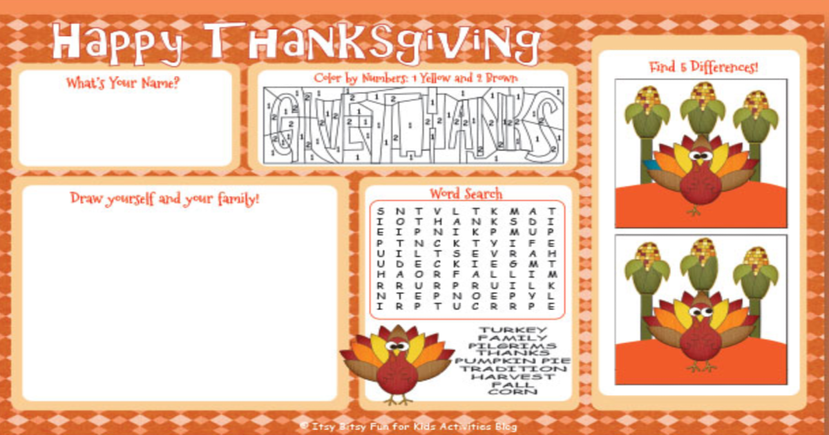 Oh so cute! Free Printable Thanksgiving Placemat Activity Sheets for Kids