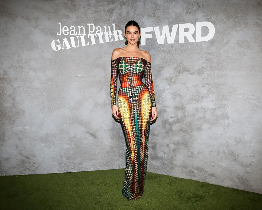 Kendall Jenner Gets Sartorially Spotted in Colorful Maxi Dress for Jean Paul Gaultier’s Launch on Fwrd