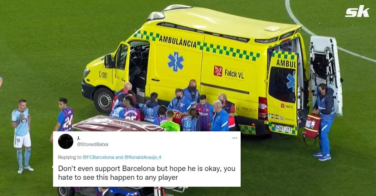 “Don’t even support Barcelona but hope he is okay” – Fans pray for 23-year-old stretchered off in ambulance af