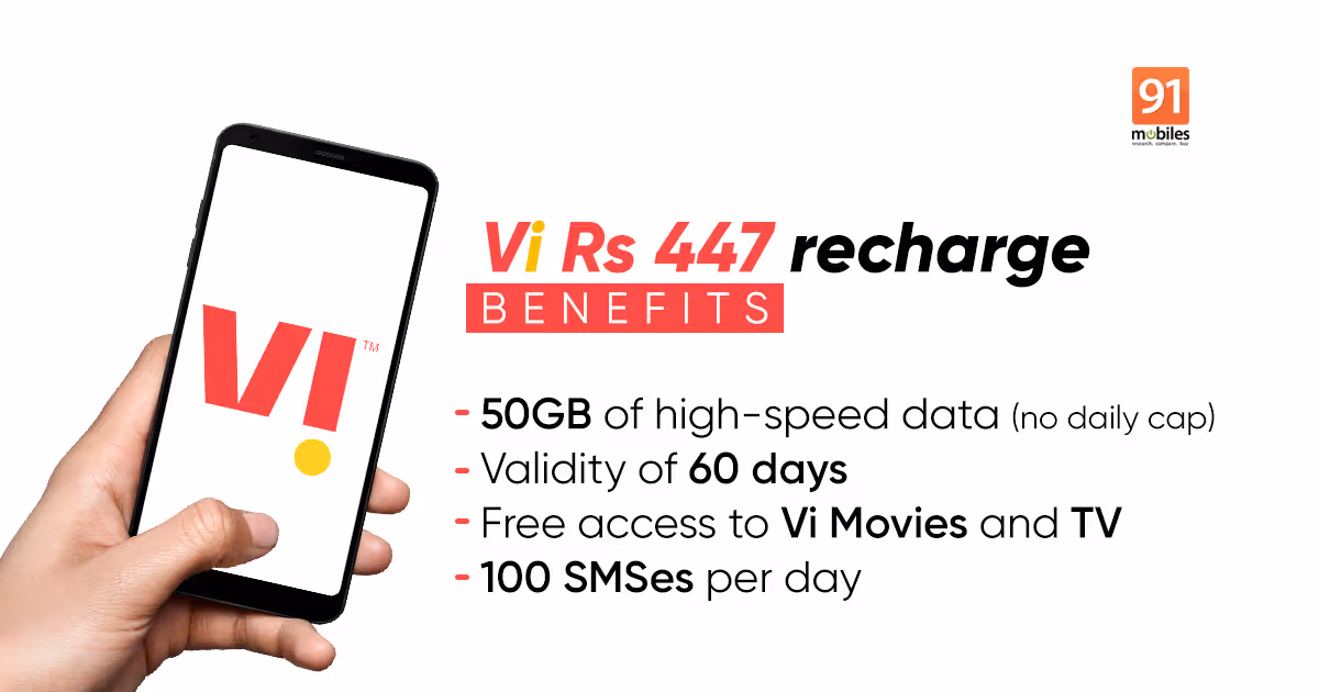 Vi Rs 447 recharge launched with 50GB data, 60-day validity to take on Jio, Airtel prepaid packs | 91mobiles.c