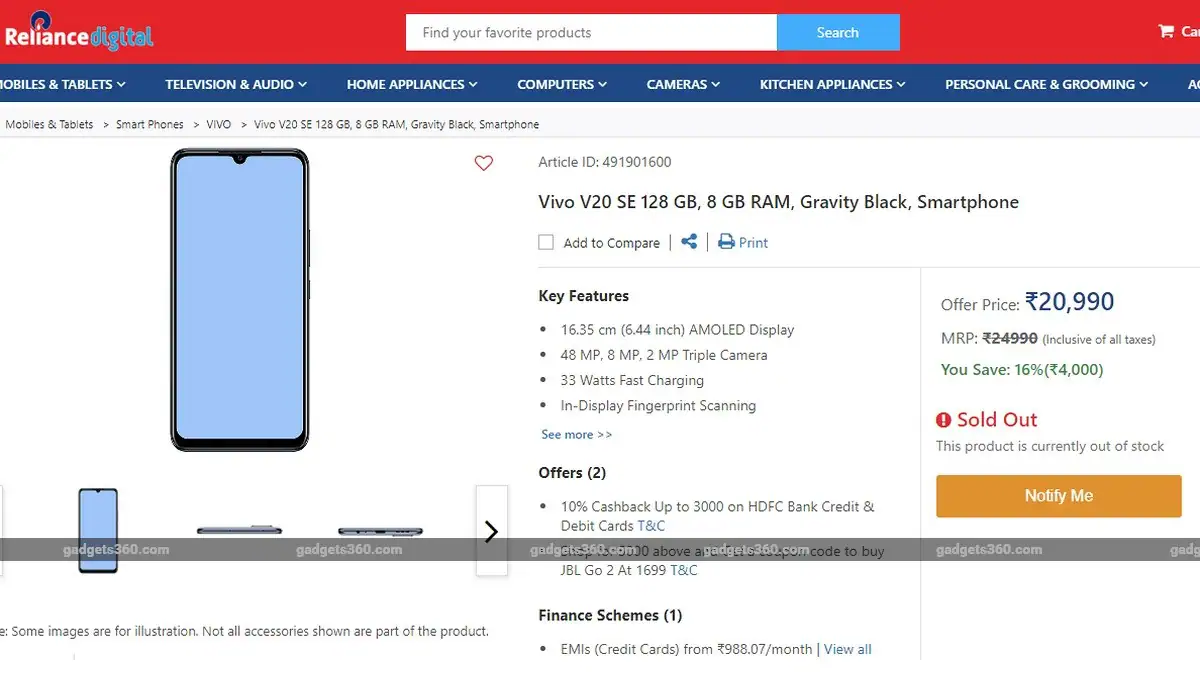 Vivo V20 SE Price in India Tipped Thanks to Online Retailer Listings