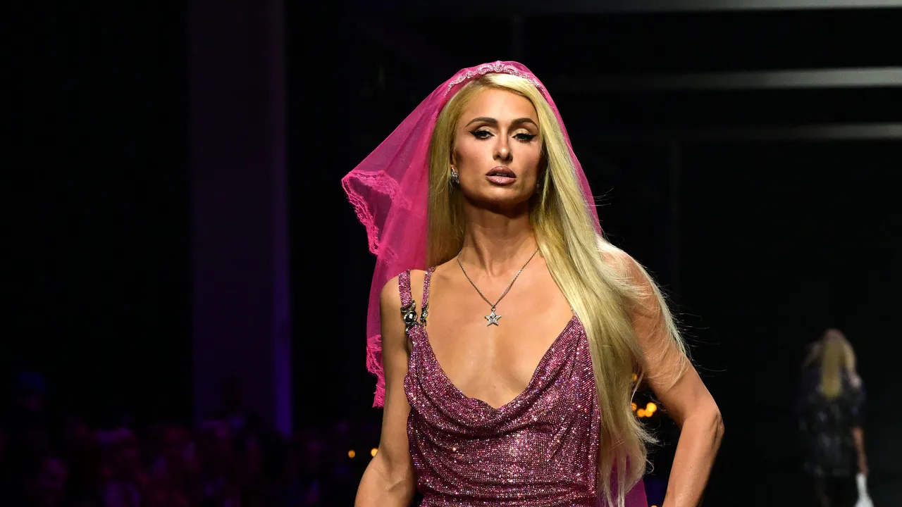 Paris Hilton Walks the Versace Runway in Her Signature Pink Sparkles