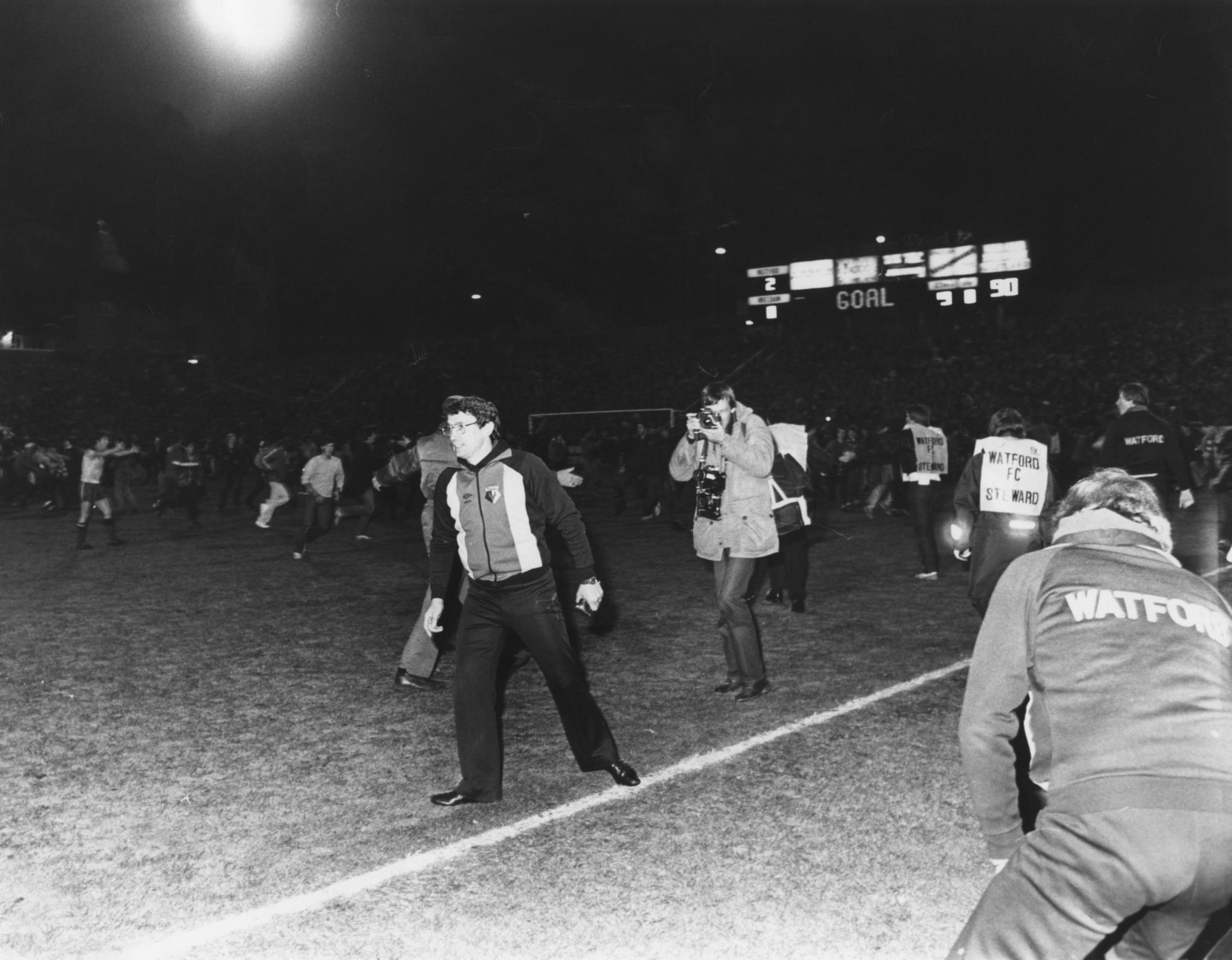 Graham Taylor celebrates Watfords historic first promotion to the old First Division in 1982