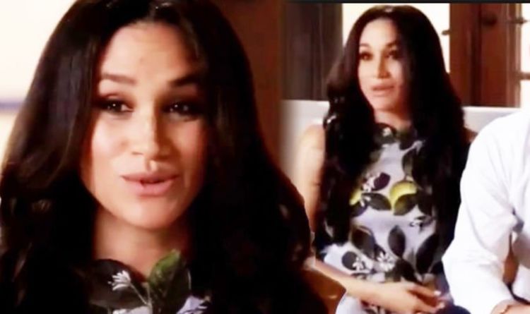 Meghan Markle turns heads in £2,500 print shift dress for rare video with Prince Harry