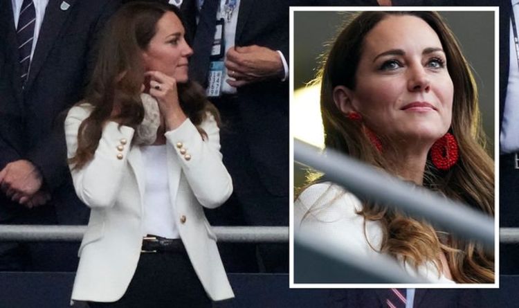 Kate Middleton spotted adjusting red earrings at Wembley in patriotic outfit for Euro 2020