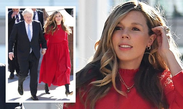 Carrie Johnson turns heads in bold red dress & vintage jewellery with Boris Johnson today