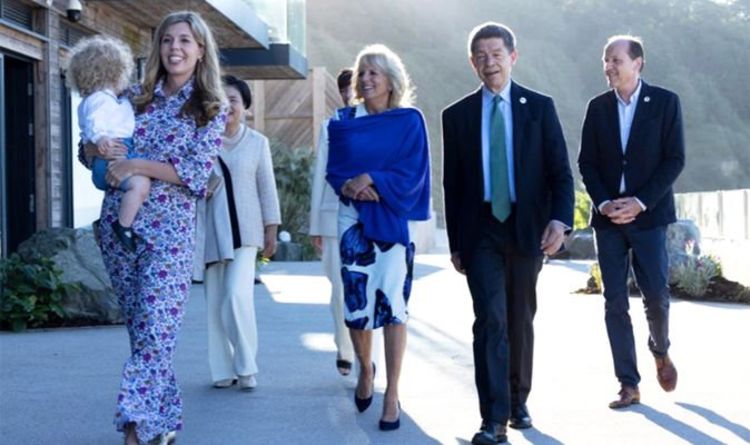 Carrie Johnson wears long floral dress at beach BBQ in Cornwall with son Wilfred