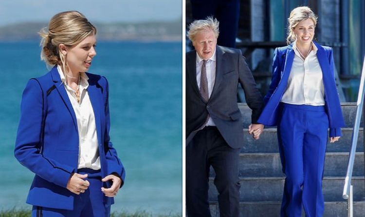 Carrie Johnson wows in rented cobalt blue suit and effortless messy bun
