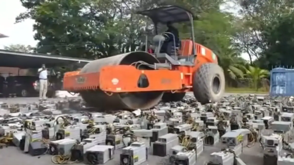 Watch: Steamroller Destroys Bitcoin Mining Rigs Worth Crores in Malaysia