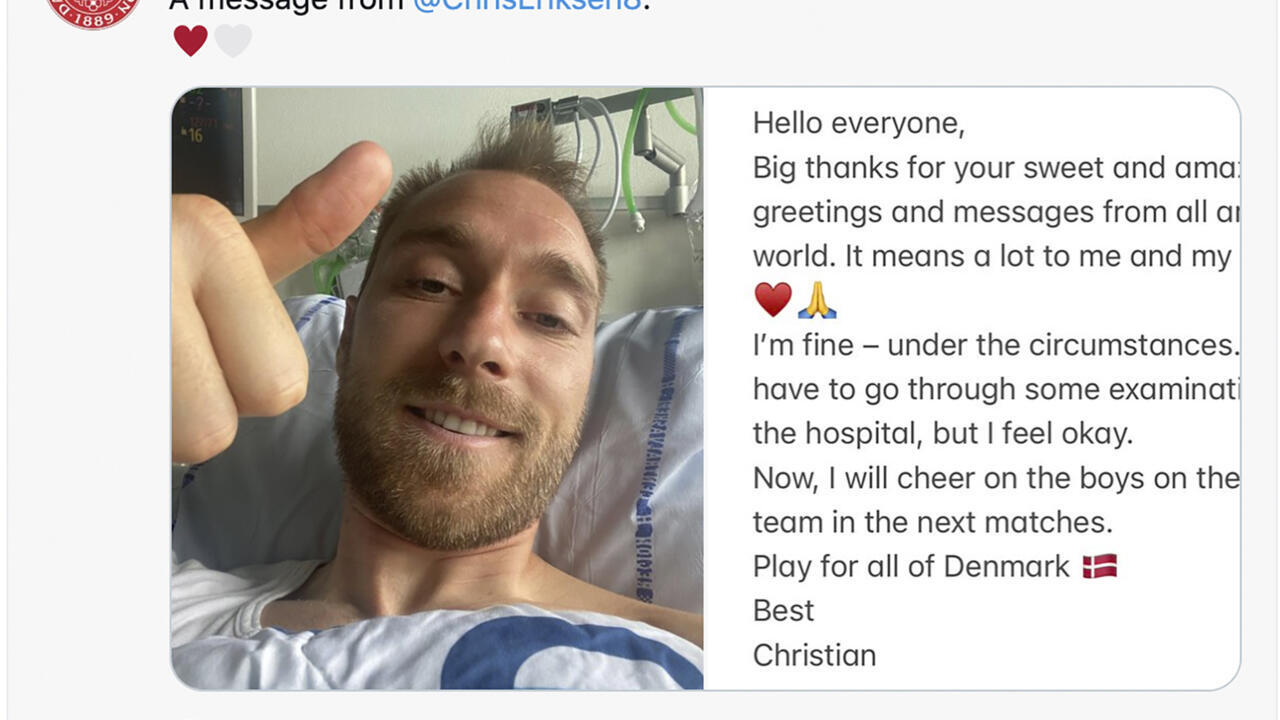 Denmark's Eriksen sends thank you message from hospital bed following pitch collapse