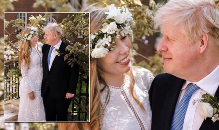 Carrie Symonds stuns in £2,870 Christos Costarellos wedding dress and floral headpiece