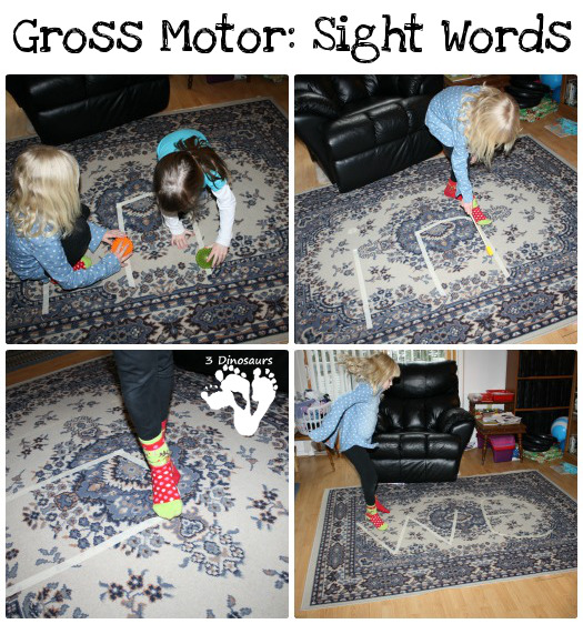 Gross motor sight words activity using masking tape on the carpet and jumping around the letters.