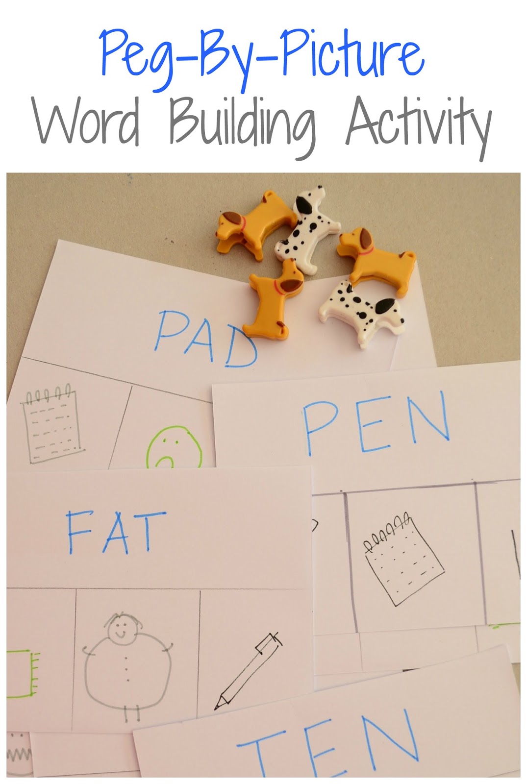 Word building activity using homemade sight word sheets and toy animals.