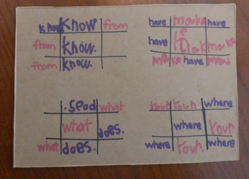 Sight word tic tac toe game that is a modified version of the regular game, but instead of x's and o's on the tic tac toe board you use different sight words.